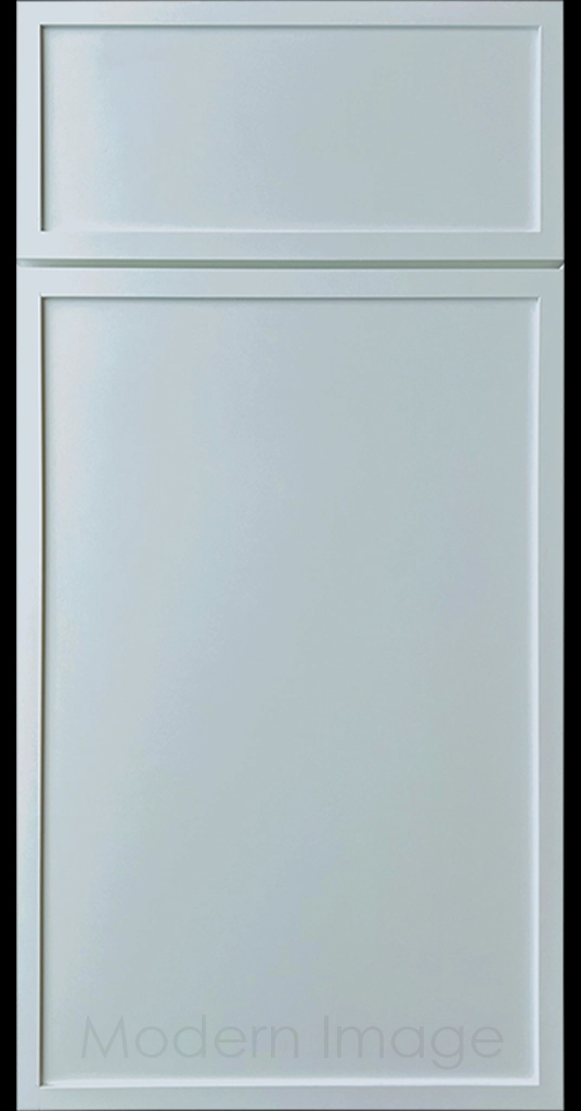 Niebla Azul color Arcadia shaker-style cabinet door, featuring slim stile and rail surrounding a flat center panel